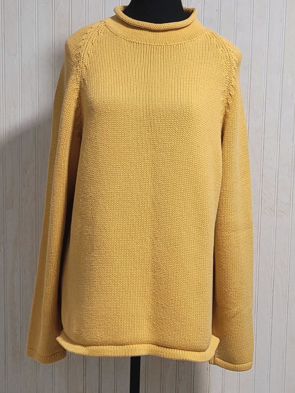 Vintage 90s J. Crew Roll Neck Chunky Knit Cotton Sweater Yellow M